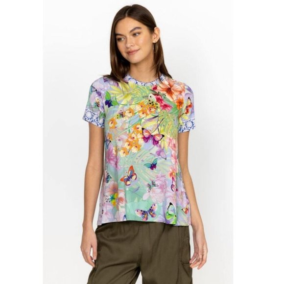 Johnny Was Cozumel Favorite Swing Tee Shirt Floral Butterfly Top Violet Green NW - Picture 4 of 16